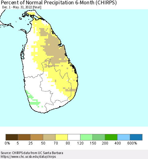 Sri Lanka Percent of Normal Precipitation 6-Month (CHIRPS) Thematic Map For 12/1/2021 - 5/31/2022