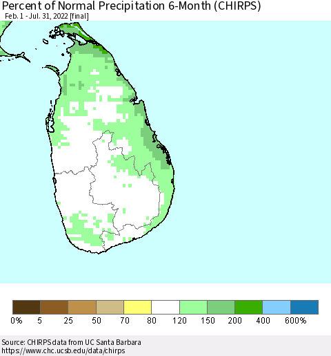 Sri Lanka Percent of Normal Precipitation 6-Month (CHIRPS) Thematic Map For 2/1/2022 - 7/31/2022