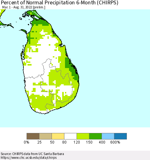 Sri Lanka Percent of Normal Precipitation 6-Month (CHIRPS) Thematic Map For 3/1/2022 - 8/31/2022