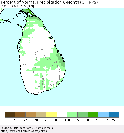 Sri Lanka Percent of Normal Precipitation 6-Month (CHIRPS) Thematic Map For 4/1/2022 - 9/30/2022