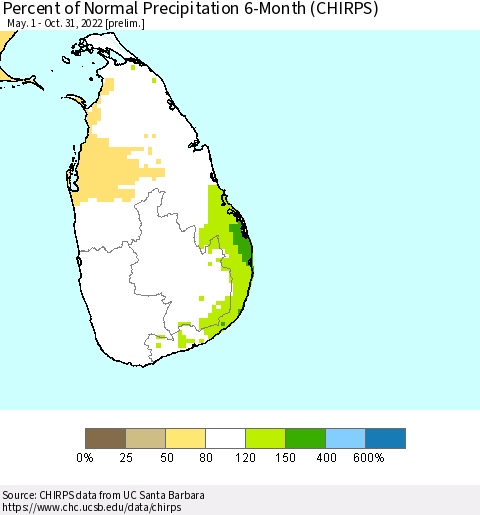 Sri Lanka Percent of Normal Precipitation 6-Month (CHIRPS) Thematic Map For 5/1/2022 - 10/31/2022
