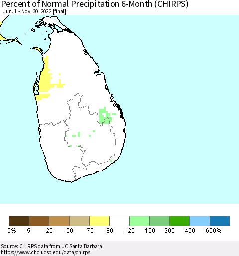 Sri Lanka Percent of Normal Precipitation 6-Month (CHIRPS) Thematic Map For 6/1/2022 - 11/30/2022