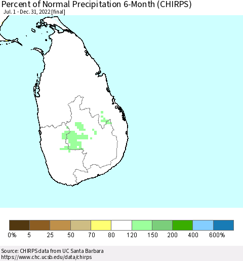 Sri Lanka Percent of Normal Precipitation 6-Month (CHIRPS) Thematic Map For 7/1/2022 - 12/31/2022