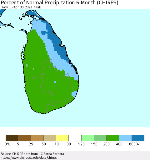 Sri Lanka Percent of Normal Precipitation 6-Month (CHIRPS) Thematic Map For 11/1/2022 - 4/30/2023