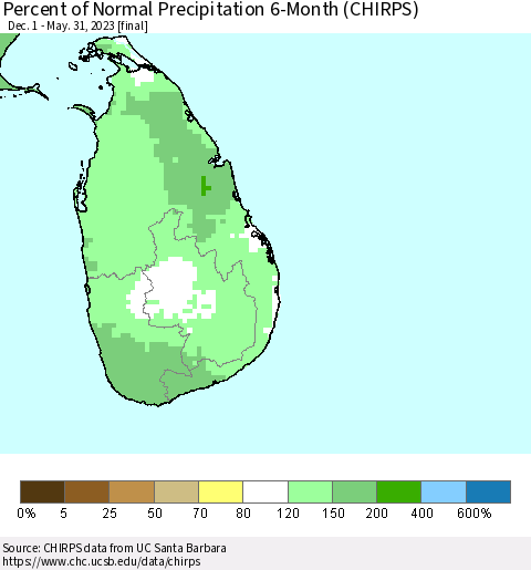 Sri Lanka Percent of Normal Precipitation 6-Month (CHIRPS) Thematic Map For 12/1/2022 - 5/31/2023