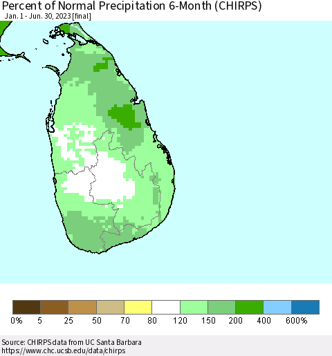 Sri Lanka Percent of Normal Precipitation 6-Month (CHIRPS) Thematic Map For 1/1/2023 - 6/30/2023