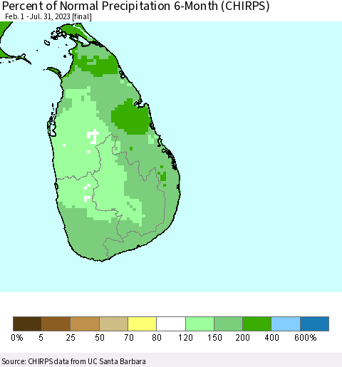 Sri Lanka Percent of Normal Precipitation 6-Month (CHIRPS) Thematic Map For 2/1/2023 - 7/31/2023