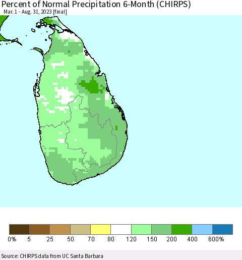 Sri Lanka Percent of Normal Precipitation 6-Month (CHIRPS) Thematic Map For 3/1/2023 - 8/31/2023