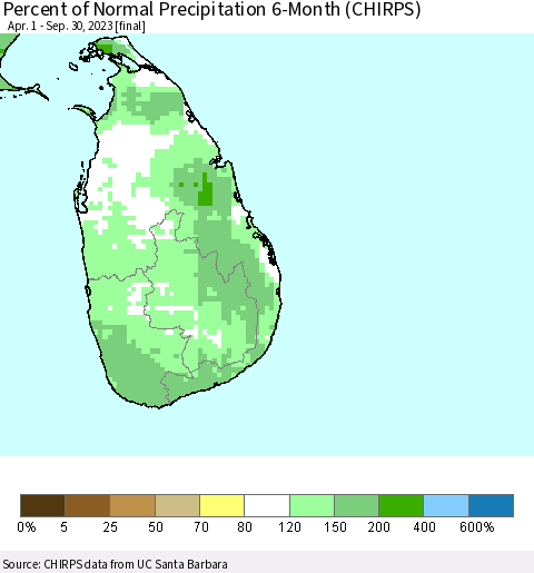 Sri Lanka Percent of Normal Precipitation 6-Month (CHIRPS) Thematic Map For 4/1/2023 - 9/30/2023