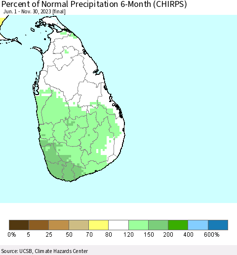 Sri Lanka Percent of Normal Precipitation 6-Month (CHIRPS) Thematic Map For 6/1/2023 - 11/30/2023