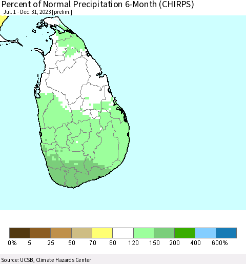 Sri Lanka Percent of Normal Precipitation 6-Month (CHIRPS) Thematic Map For 7/1/2023 - 12/31/2023