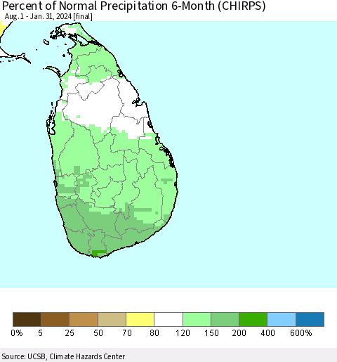 Sri Lanka Percent of Normal Precipitation 6-Month (CHIRPS) Thematic Map For 8/1/2023 - 1/31/2024