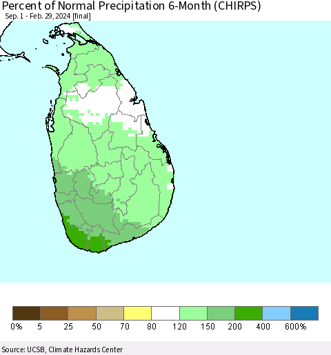 Sri Lanka Percent of Normal Precipitation 6-Month (CHIRPS) Thematic Map For 9/1/2023 - 2/29/2024