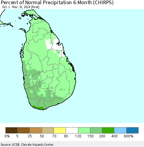 Sri Lanka Percent of Normal Precipitation 6-Month (CHIRPS) Thematic Map For 10/1/2023 - 3/31/2024