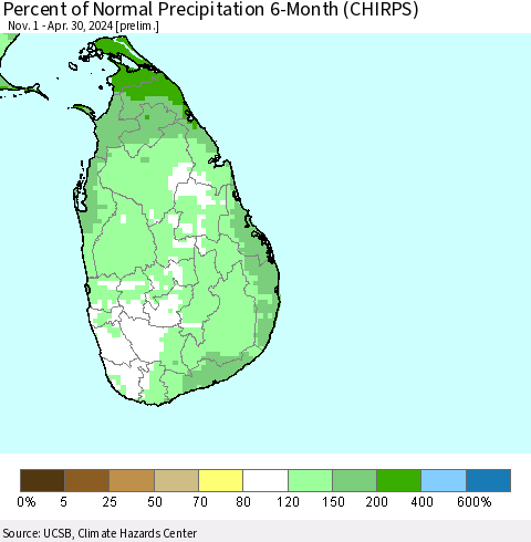 Sri Lanka Percent of Normal Precipitation 6-Month (CHIRPS) Thematic Map For 11/1/2023 - 4/30/2024
