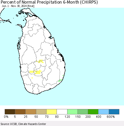 Sri Lanka Percent of Normal Precipitation 6-Month (CHIRPS) Thematic Map For 6/1/2024 - 11/30/2024