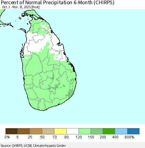 Sri Lanka Percent of Normal Precipitation 6-Month (CHIRPS) Thematic Map For 10/1/2024 - 3/31/2025
