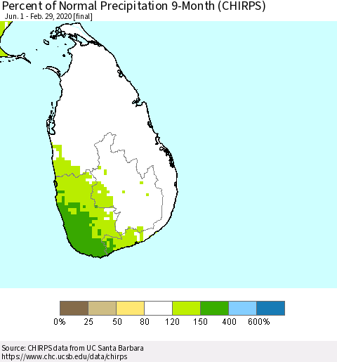 Sri Lanka Percent of Normal Precipitation 9-Month (CHIRPS) Thematic Map For 6/1/2019 - 2/29/2020