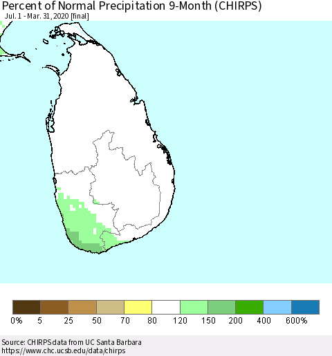 Sri Lanka Percent of Normal Precipitation 9-Month (CHIRPS) Thematic Map For 7/1/2019 - 3/31/2020