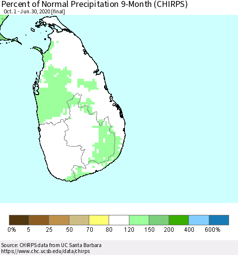 Sri Lanka Percent of Normal Precipitation 9-Month (CHIRPS) Thematic Map For 10/1/2019 - 6/30/2020