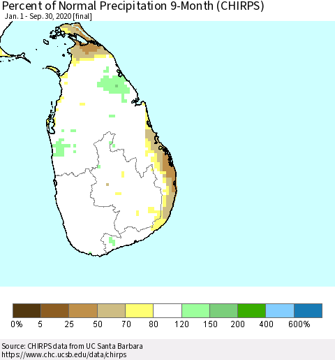 Sri Lanka Percent of Normal Precipitation 9-Month (CHIRPS) Thematic Map For 1/1/2020 - 9/30/2020