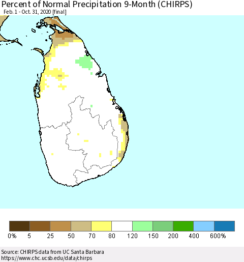 Sri Lanka Percent of Normal Precipitation 9-Month (CHIRPS) Thematic Map For 2/1/2020 - 10/31/2020