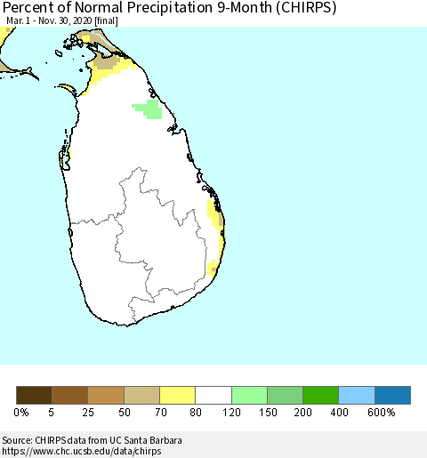 Sri Lanka Percent of Normal Precipitation 9-Month (CHIRPS) Thematic Map For 3/1/2020 - 11/30/2020