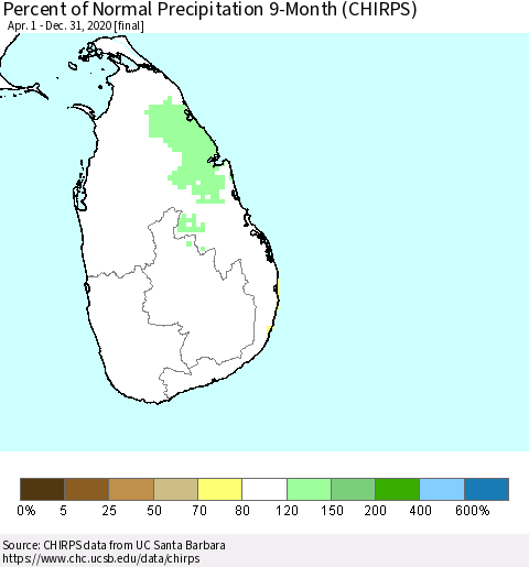 Sri Lanka Percent of Normal Precipitation 9-Month (CHIRPS) Thematic Map For 4/1/2020 - 12/31/2020