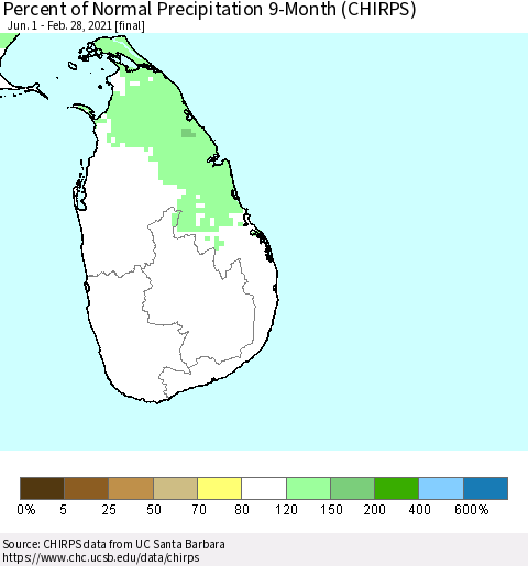Sri Lanka Percent of Normal Precipitation 9-Month (CHIRPS) Thematic Map For 6/1/2020 - 2/28/2021
