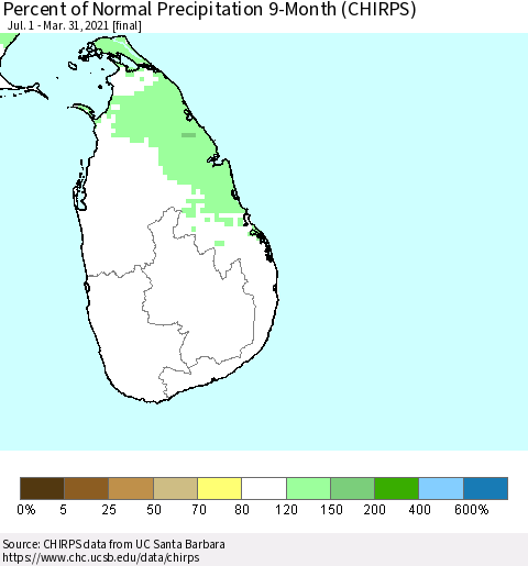 Sri Lanka Percent of Normal Precipitation 9-Month (CHIRPS) Thematic Map For 7/1/2020 - 3/31/2021