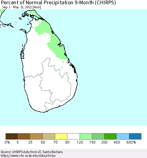 Sri Lanka Percent of Normal Precipitation 9-Month (CHIRPS) Thematic Map For 9/1/2020 - 5/31/2021