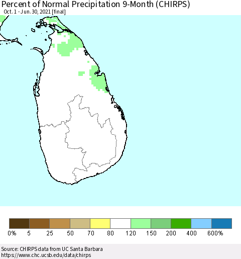 Sri Lanka Percent of Normal Precipitation 9-Month (CHIRPS) Thematic Map For 10/1/2020 - 6/30/2021