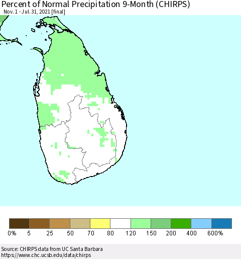 Sri Lanka Percent of Normal Precipitation 9-Month (CHIRPS) Thematic Map For 11/1/2020 - 7/31/2021
