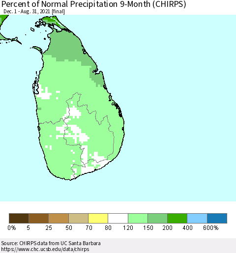 Sri Lanka Percent of Normal Precipitation 9-Month (CHIRPS) Thematic Map For 12/1/2020 - 8/31/2021