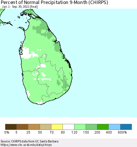 Sri Lanka Percent of Normal Precipitation 9-Month (CHIRPS) Thematic Map For 1/1/2021 - 9/30/2021