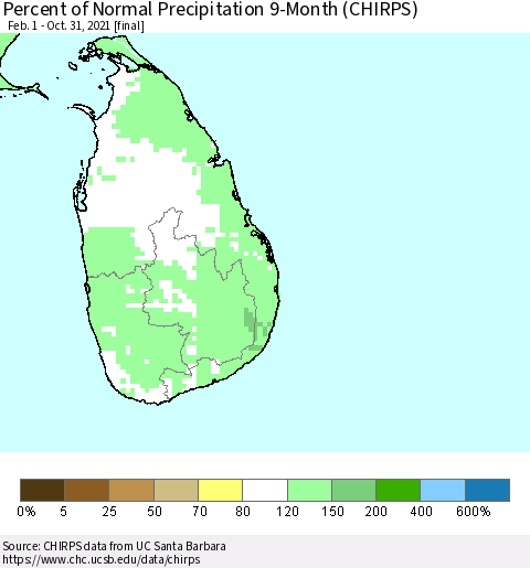 Sri Lanka Percent of Normal Precipitation 9-Month (CHIRPS) Thematic Map For 2/1/2021 - 10/31/2021