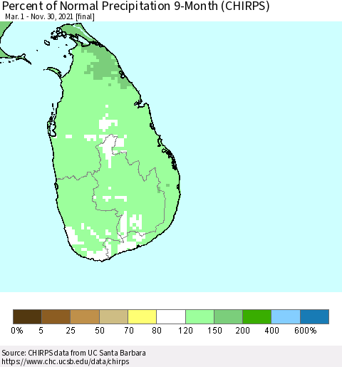 Sri Lanka Percent of Normal Precipitation 9-Month (CHIRPS) Thematic Map For 3/1/2021 - 11/30/2021