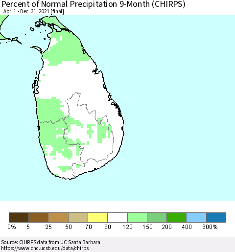 Sri Lanka Percent of Normal Precipitation 9-Month (CHIRPS) Thematic Map For 4/1/2021 - 12/31/2021