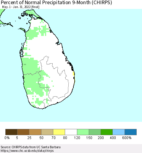 Sri Lanka Percent of Normal Precipitation 9-Month (CHIRPS) Thematic Map For 5/1/2021 - 1/31/2022
