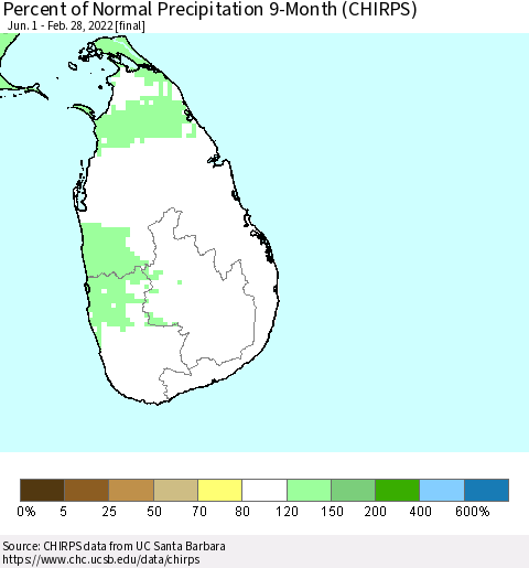 Sri Lanka Percent of Normal Precipitation 9-Month (CHIRPS) Thematic Map For 6/1/2021 - 2/28/2022