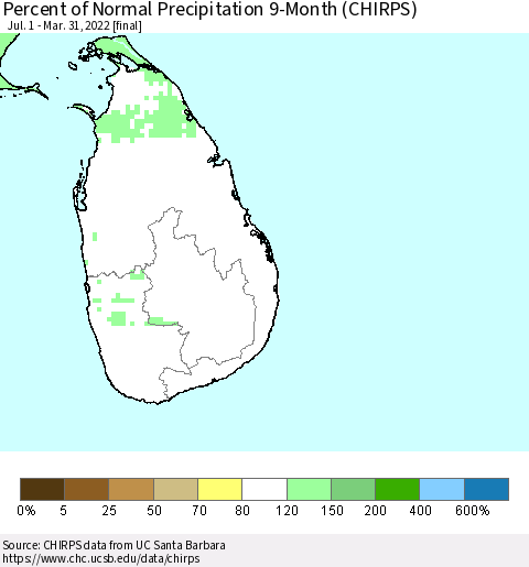 Sri Lanka Percent of Normal Precipitation 9-Month (CHIRPS) Thematic Map For 7/1/2021 - 3/31/2022