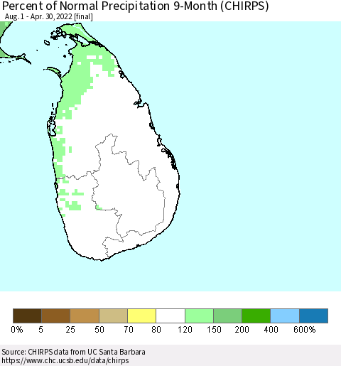 Sri Lanka Percent of Normal Precipitation 9-Month (CHIRPS) Thematic Map For 8/1/2021 - 4/30/2022