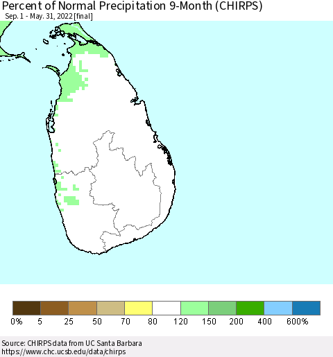 Sri Lanka Percent of Normal Precipitation 9-Month (CHIRPS) Thematic Map For 9/1/2021 - 5/31/2022