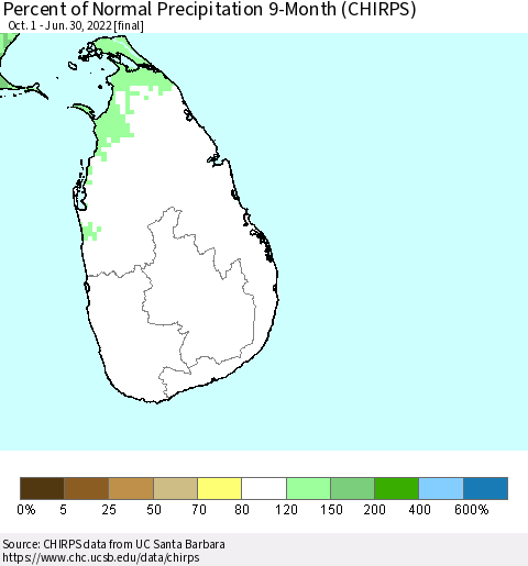 Sri Lanka Percent of Normal Precipitation 9-Month (CHIRPS) Thematic Map For 10/1/2021 - 6/30/2022