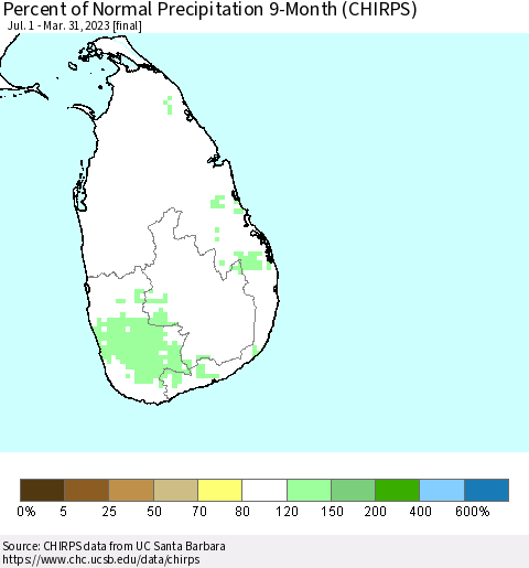 Sri Lanka Percent of Normal Precipitation 9-Month (CHIRPS) Thematic Map For 7/1/2022 - 3/31/2023