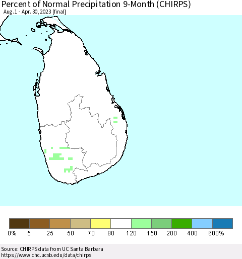 Sri Lanka Percent of Normal Precipitation 9-Month (CHIRPS) Thematic Map For 8/1/2022 - 4/30/2023