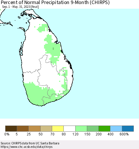 Sri Lanka Percent of Normal Precipitation 9-Month (CHIRPS) Thematic Map For 9/1/2022 - 5/31/2023
