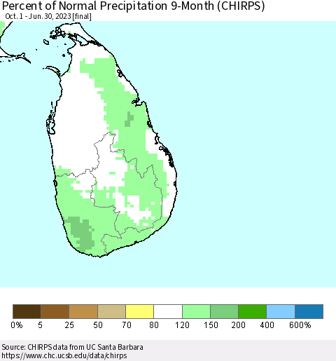 Sri Lanka Percent of Normal Precipitation 9-Month (CHIRPS) Thematic Map For 10/1/2022 - 6/30/2023