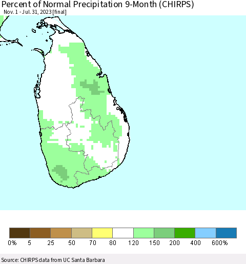 Sri Lanka Percent of Normal Precipitation 9-Month (CHIRPS) Thematic Map For 11/1/2022 - 7/31/2023