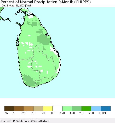 Sri Lanka Percent of Normal Precipitation 9-Month (CHIRPS) Thematic Map For 12/1/2022 - 8/31/2023
